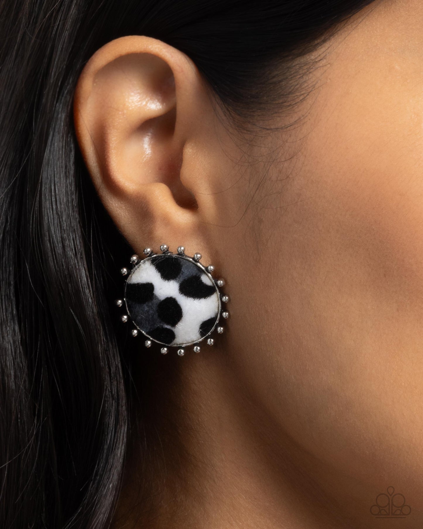 Cowhide Couture - Black Cow-print Silver Post Earrings - Paparazzi Accessories