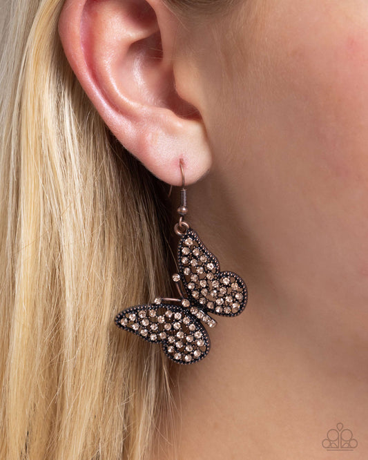 Aerial Audience - Copper Light Peach Rhinestone Butterfly Fishhook Earrings - Paparazzi Accessories