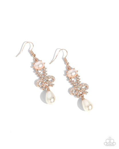 Alluring Advocate - Rose Gold Pearl and Rhinestone Fish Hook Back Earrings - Paparazzi Accessories