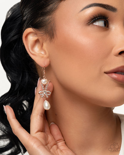 Alluring Advocate - Rose Gold Pearl and Rhinestone Fish Hook Back Earrings - Paparazzi Accessories