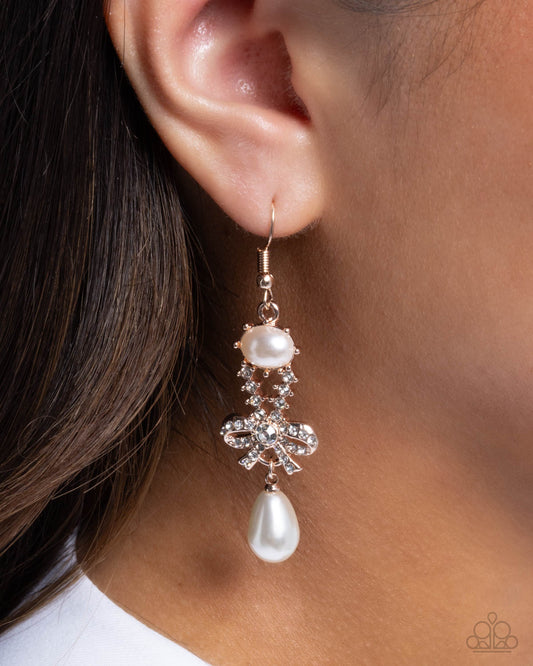 Alluring Advocate - Rose Gold Pearl and Rhinestone Fish Hook Back Earrings - Paparazzi Accessories