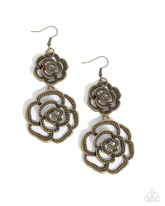 Reminiscent Rosette - Brass Rose Fishhook Earrings - Paparazzi Accessories