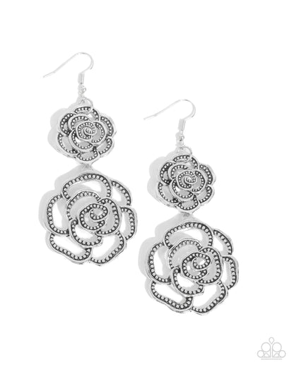 Reminiscent Rosette - Silver Rose Fishhook Earrings - Paparazzi Accessories