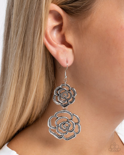 Reminiscent Rosette - Silver Rose Fishhook Earrings - Paparazzi Accessories