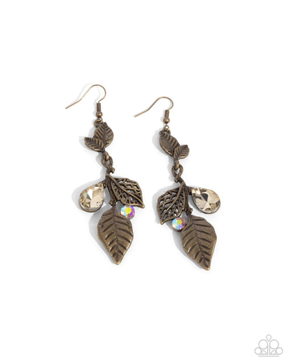 Descending Dazzle - Brass Leaves Iridescent Rhinestone Fishhook Earrings - Paparazzi Accessories