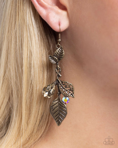 Descending Dazzle - Brass Leaves Iridescent Rhinestone Fishhook Earrings - Paparazzi Accessories