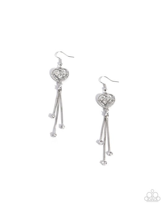 Cascading Character - White Rhinestone Silver Heart Fishhook Earrings - Paparazzi Accessories