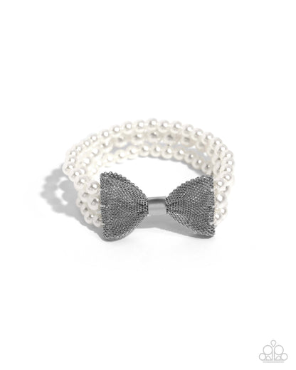 Dapper Dialogue - White Pearl Silver Bow Stretchy Bracelet - Paparazzi Accessories
