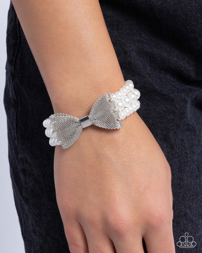 Dapper Dialogue - White Pearl Silver Bow Stretchy Bracelet - Paparazzi Accessories