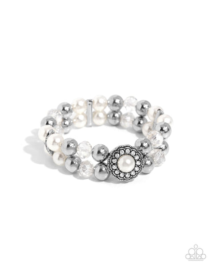 Retrograde Review - White Pearl Silver Stretchy Bracelet - Paparazzi Accessories