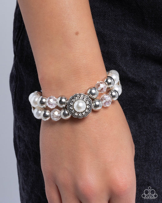 Retrograde Review - White Pearl Silver Stretchy Bracelet - Paparazzi Accessories