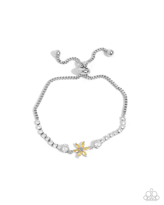 Dainty Delivery - Yellow Rhinestone Flower Silver Sliding Closure Bracelet - Paparazzi Accessories