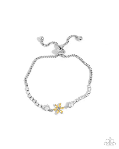 Dainty Delivery - Yellow Rhinestone Flower Silver Sliding Closure Bracelet - Paparazzi Accessories