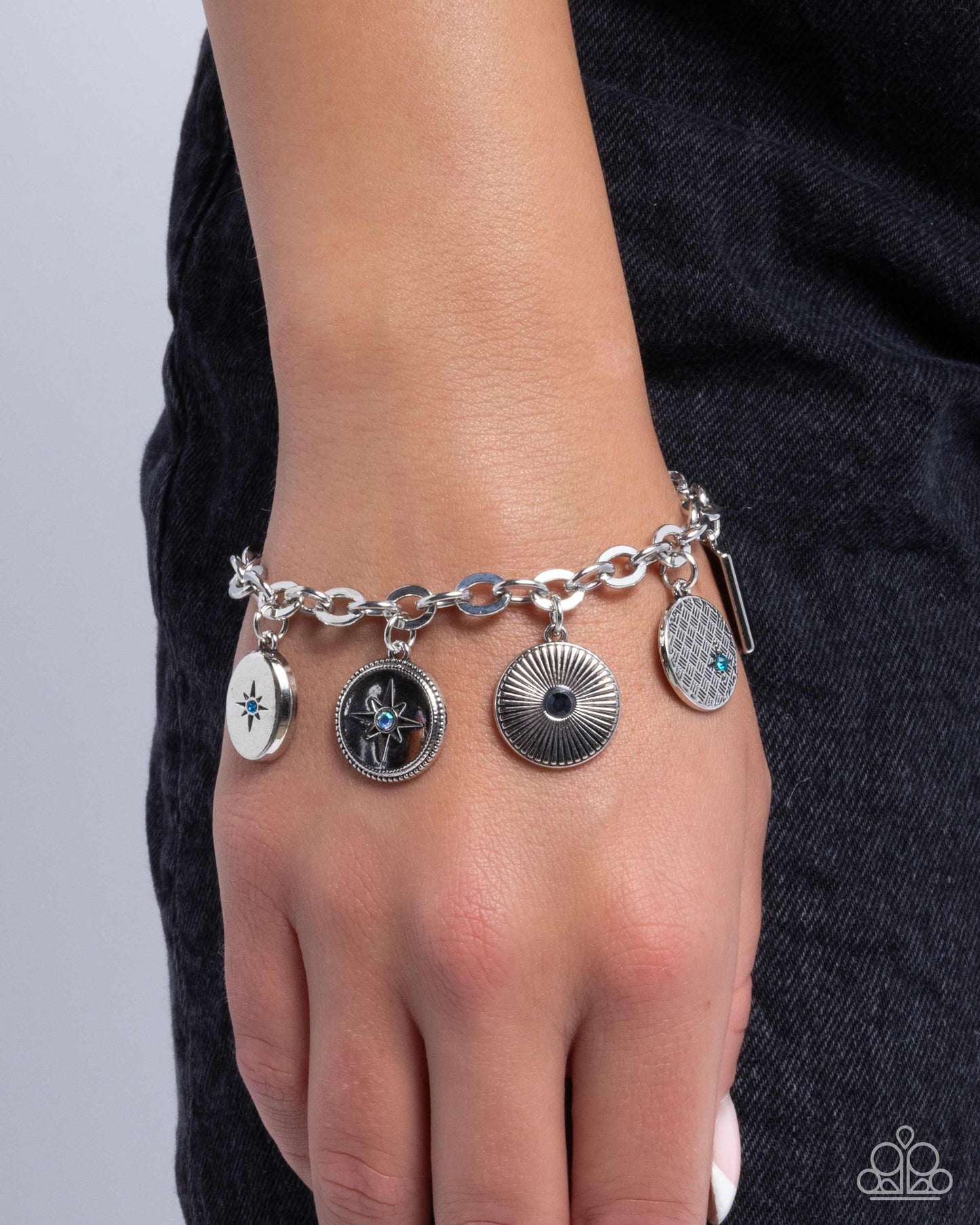 Soothing Stars -  Blue Rhinestone Silver Charm Clasp Bracelet - Paparazzi Accessories