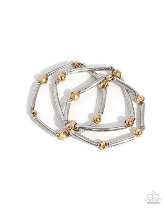 Stacked Shopaholic - Gold and Silver Stretch Bracelet - Paparazzi Accessories