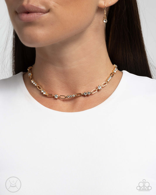 Pronged Pageantry - Gold & White Rhinestone Choker Necklace - Paparazzi Accessories
