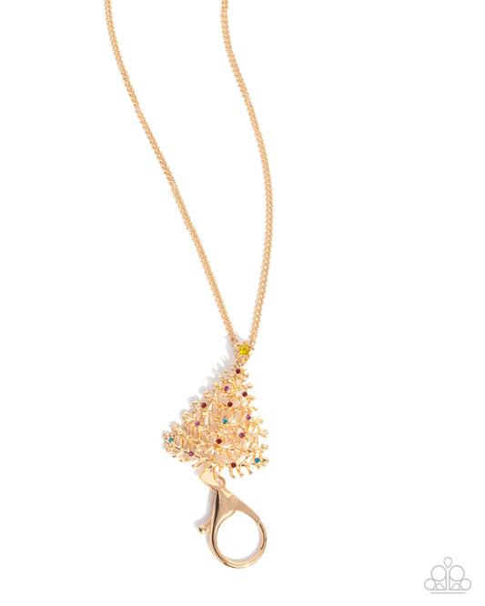 Decorating the Tree - Multi Rhinestone Gold Christmas Tree Lanyard Necklace - Paparazzi Accessories