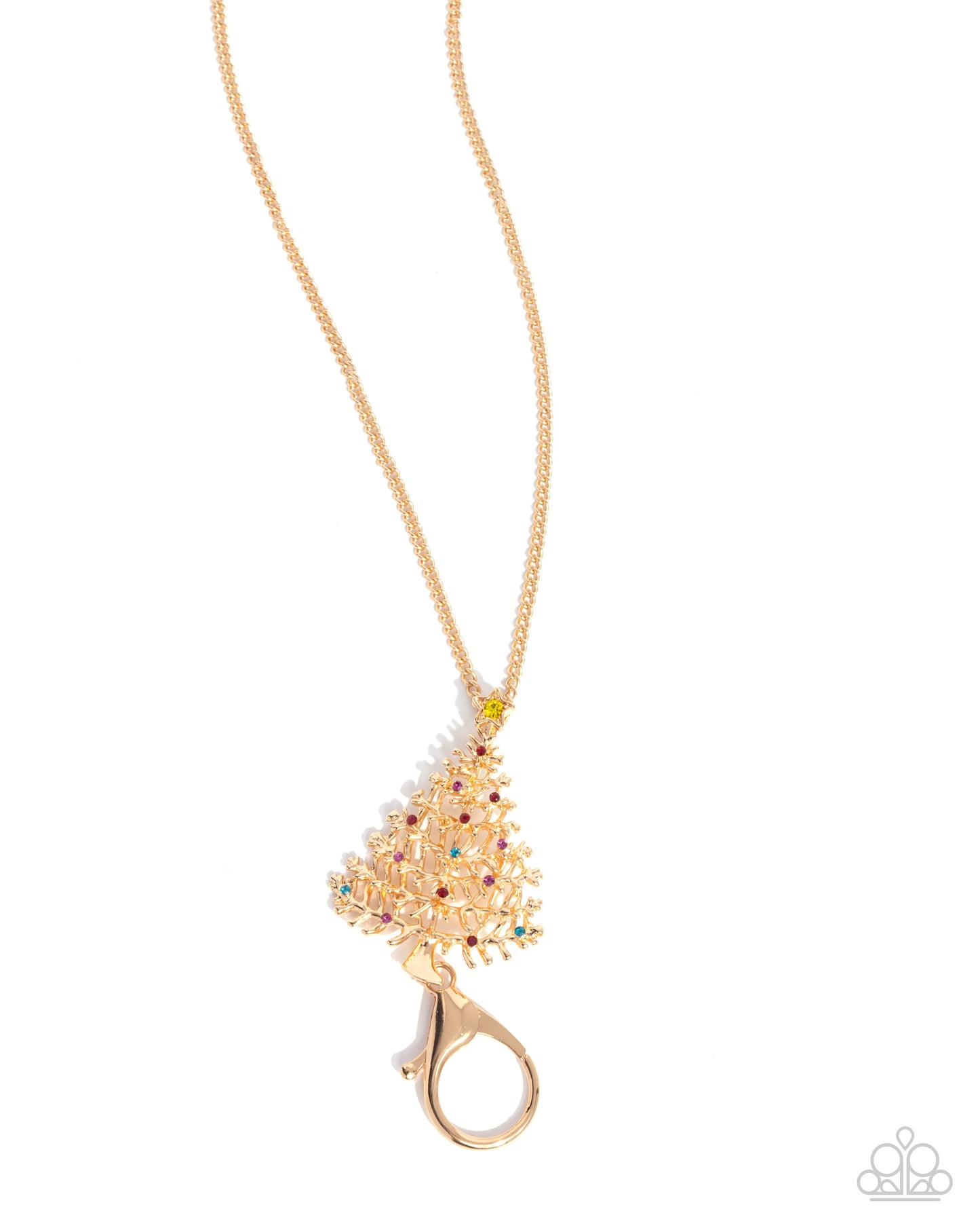 Decorating the Tree - Multi Rhinestone Gold Christmas Tree Lanyard Necklace - Paparazzi Accessories
