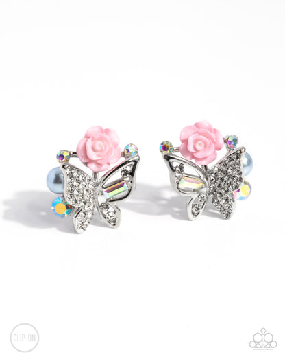 Fanciful Facade - Multi Rhinestone Butterfly Pink Resin Rose Silver Clip-on Earrings - Paparazzi Accessories