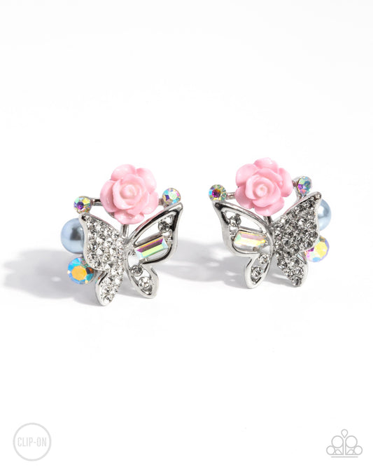 Fanciful Facade - Multi Rhinestone Butterfly Pink Resin Rose Silver Clip-on Earrings - Paparazzi Accessories