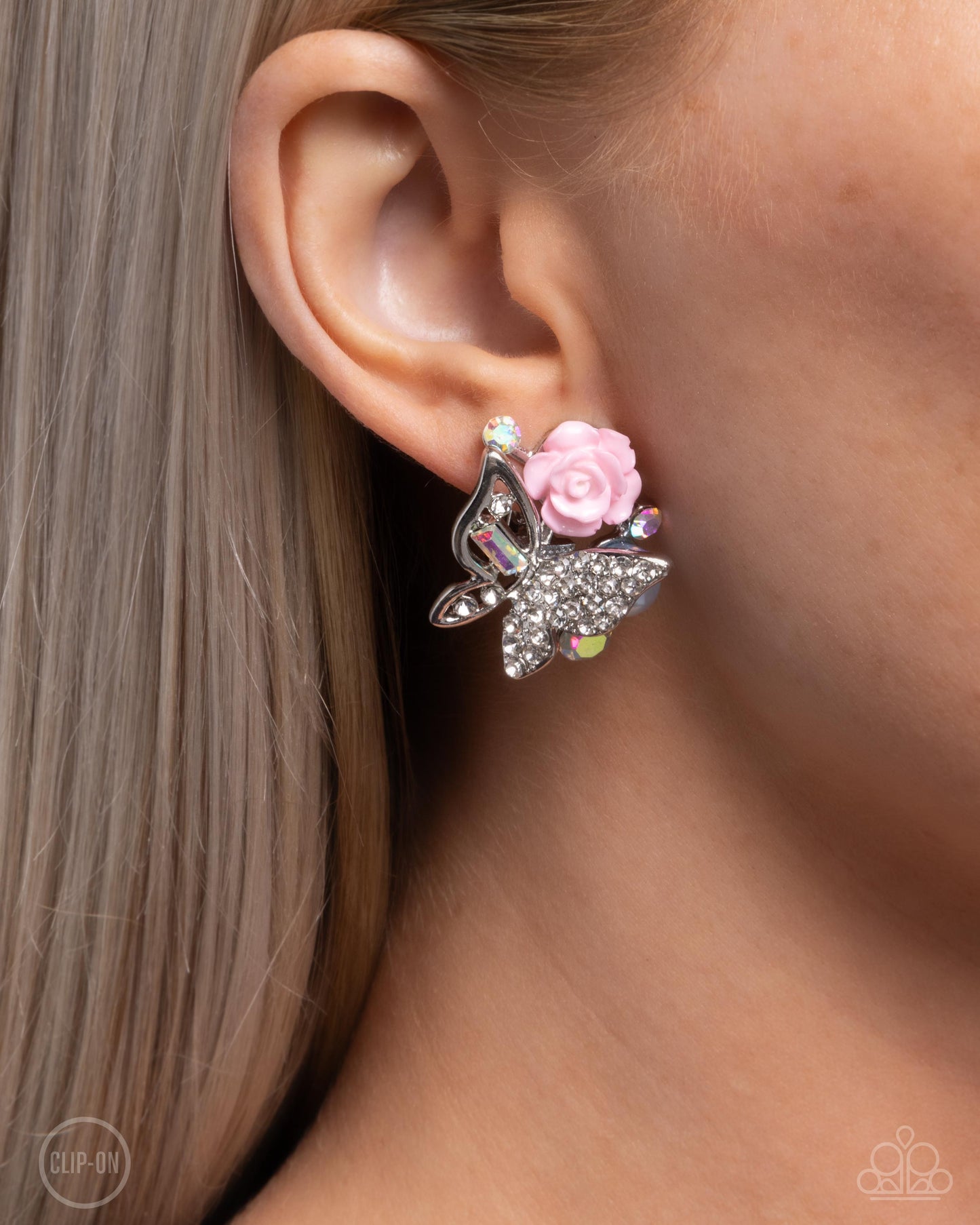 Fanciful Facade - Multi Rhinestone Butterfly Pink Resin Rose Silver Clip-on Earrings - Paparazzi Accessories