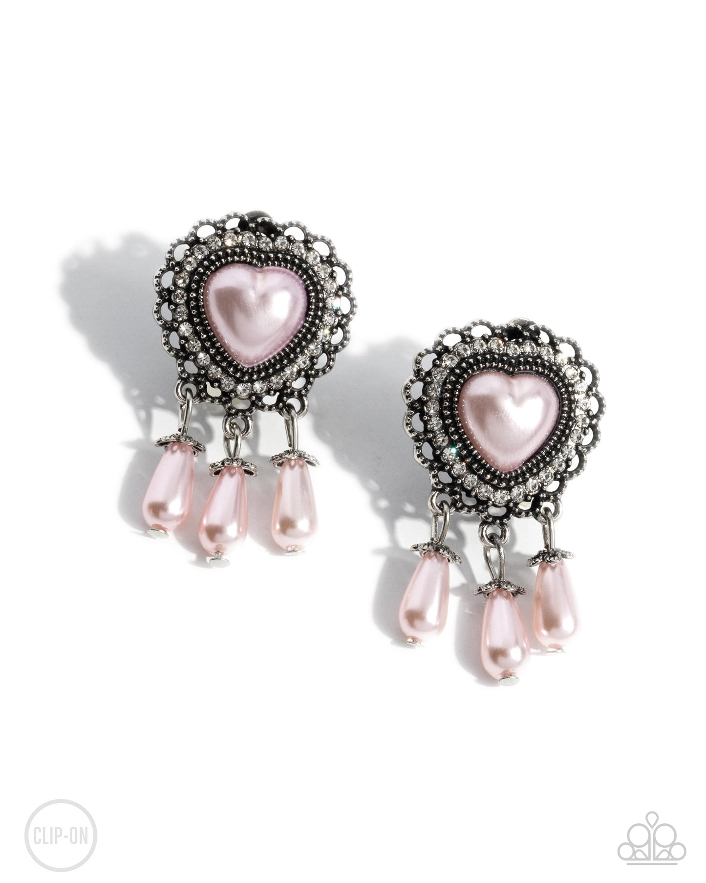 Sumptuous Story - Pink Pearl Heart Silver Clip-on Earrings - Paparazzi Accessories