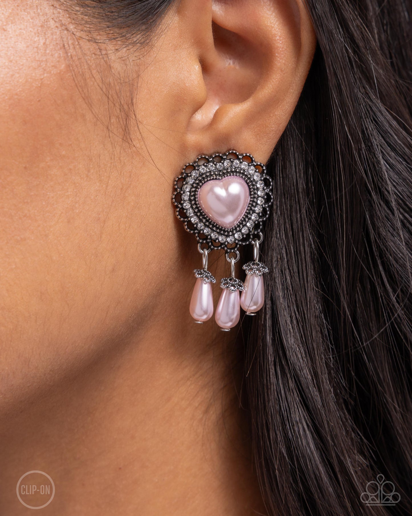 Sumptuous Story - Pink Pearl Heart Silver Clip-on Earrings - Paparazzi Accessories