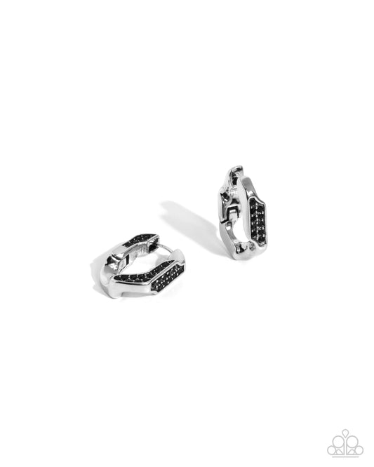 Warped Welcome - Black Rhinestone Silver Hinge Hoop Earrings - Paparazzi Accessories