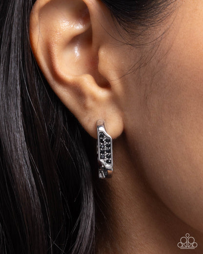 Warped Welcome - Black Rhinestone Silver Hinge Hoop Earrings - Paparazzi Accessories