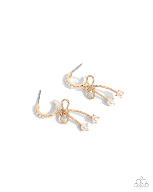 Charming Coquette - Gold & White Pearl Bow Drop Hoop Earrings - Paparazzi Accessories