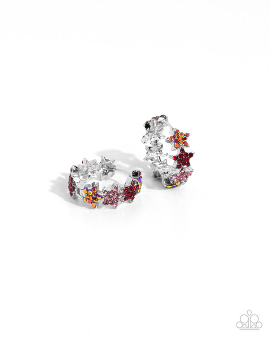 Stellar Surrender - Red and Iridescent Rhinestone Star Hoop Earrings - Paparazzi Accessories
