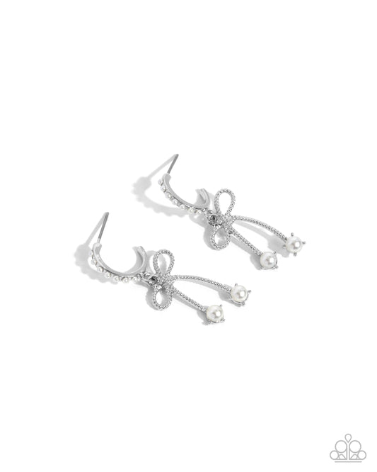 Charming Coquette - White Pearl Bow Drop Hoop Earrings - Paparazzi Accessories