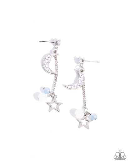 Astral Admiration - Blue Bead White Moon Silver Post Earrings - Paparazzi Accessories