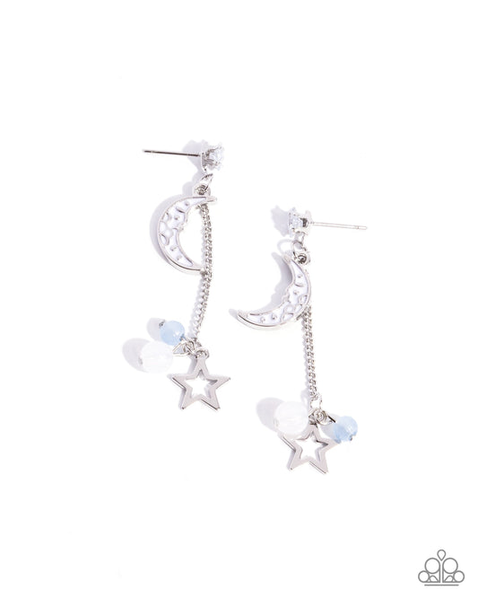 Astral Admiration - Blue Bead White Moon Silver Post Earrings - Paparazzi Accessories