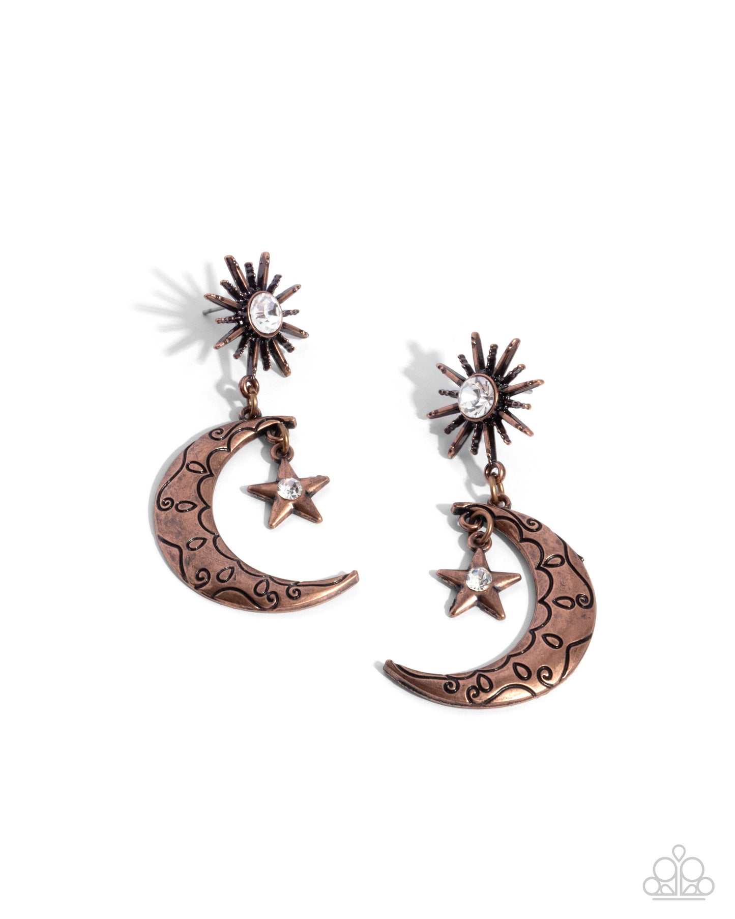 Cosmic Cutie - Copper Crescent Moon White Rhinestone Post Earrings - Paparazzi Accessories