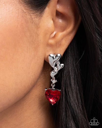 Valentines Vaudeville - Red Rhinestone Silver Heart Post Earrings - Paparazzi Accessories