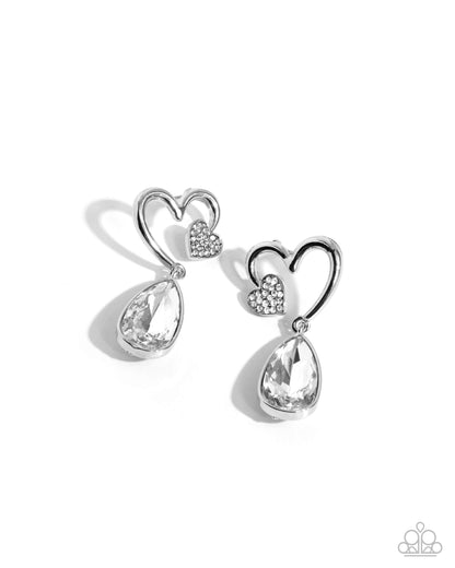 Coupling Up - White Rhinestone Teardrop Silver Heart Post Earrings - Paparazzi Accessories