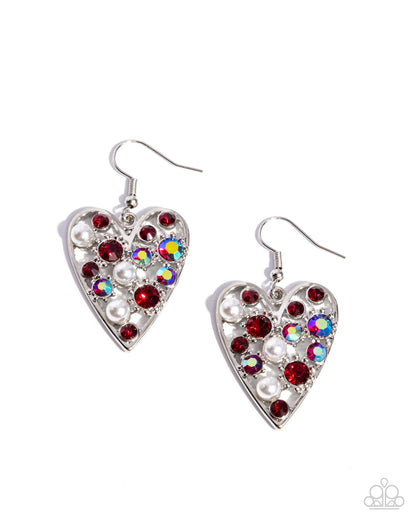 Unbelievable Shimmer - Red Iridescent Rhinestone & Pearls Silver Heart Fishhook Earrings - Paparazzi Accessories