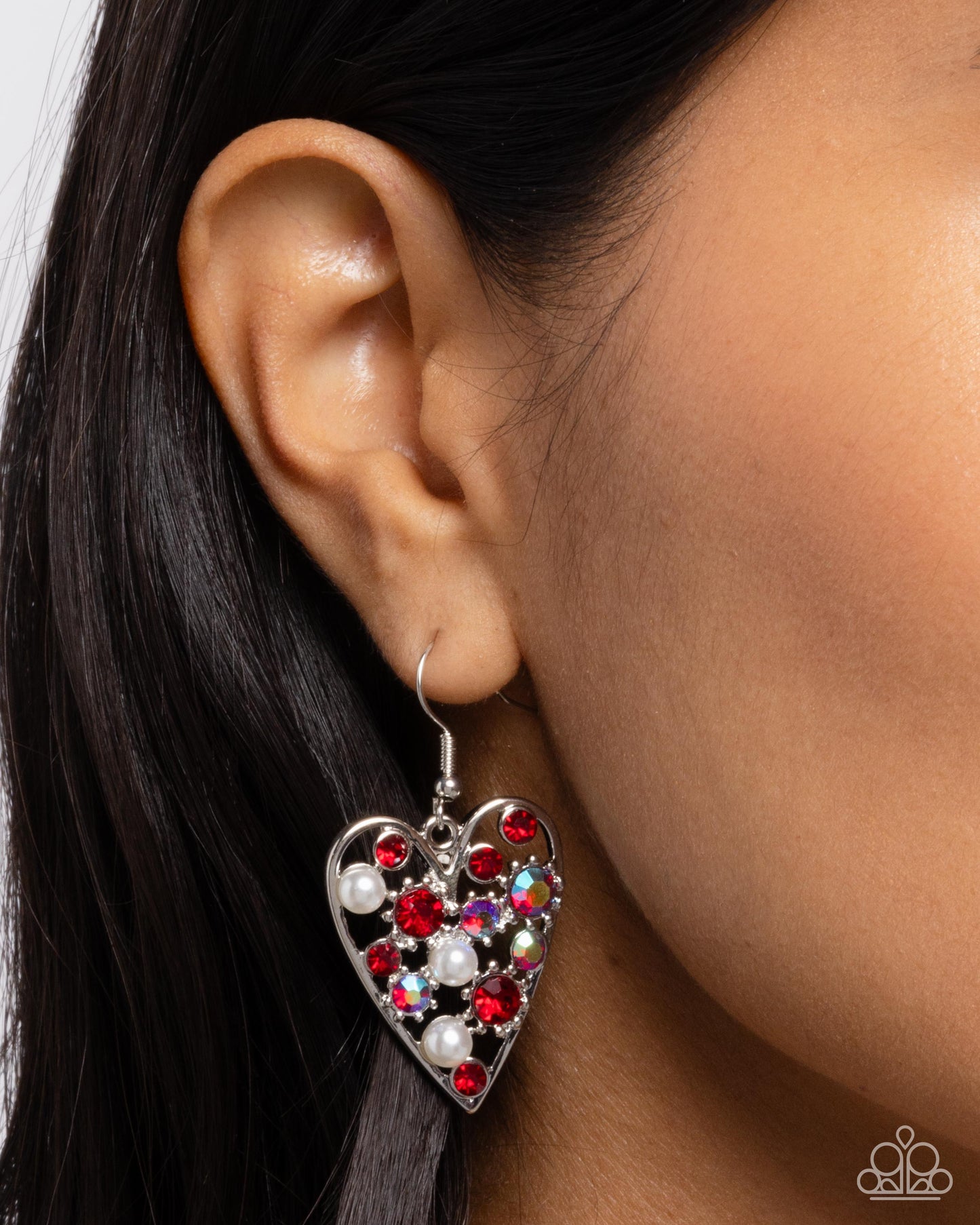 Unbelievable Shimmer - Red Iridescent Rhinestone & Pearls Silver Heart Fishhook Earrings - Paparazzi Accessories