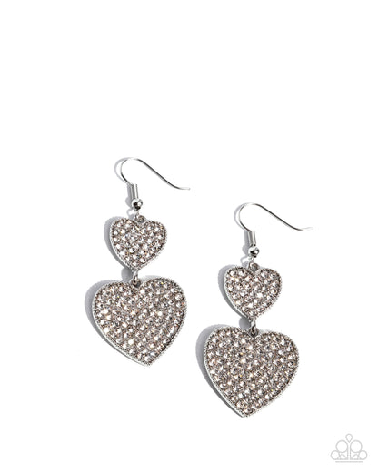 You Make My Heart Glow - White Rhinestone Silver Hearts Fishhook Earrings - Paparazzi Accessories