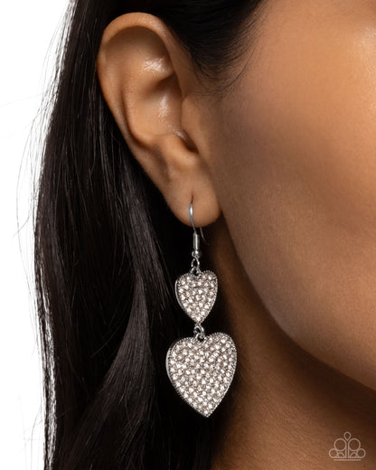 You Make My Heart Glow - White Rhinestone Silver Hearts Fishhook Earrings - Paparazzi Accessories