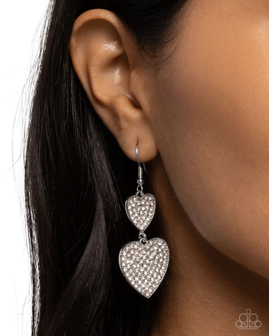 You Make My Heart Glow - White Rhinestone Silver Hearts Fishhook Earrings - Paparazzi Accessories