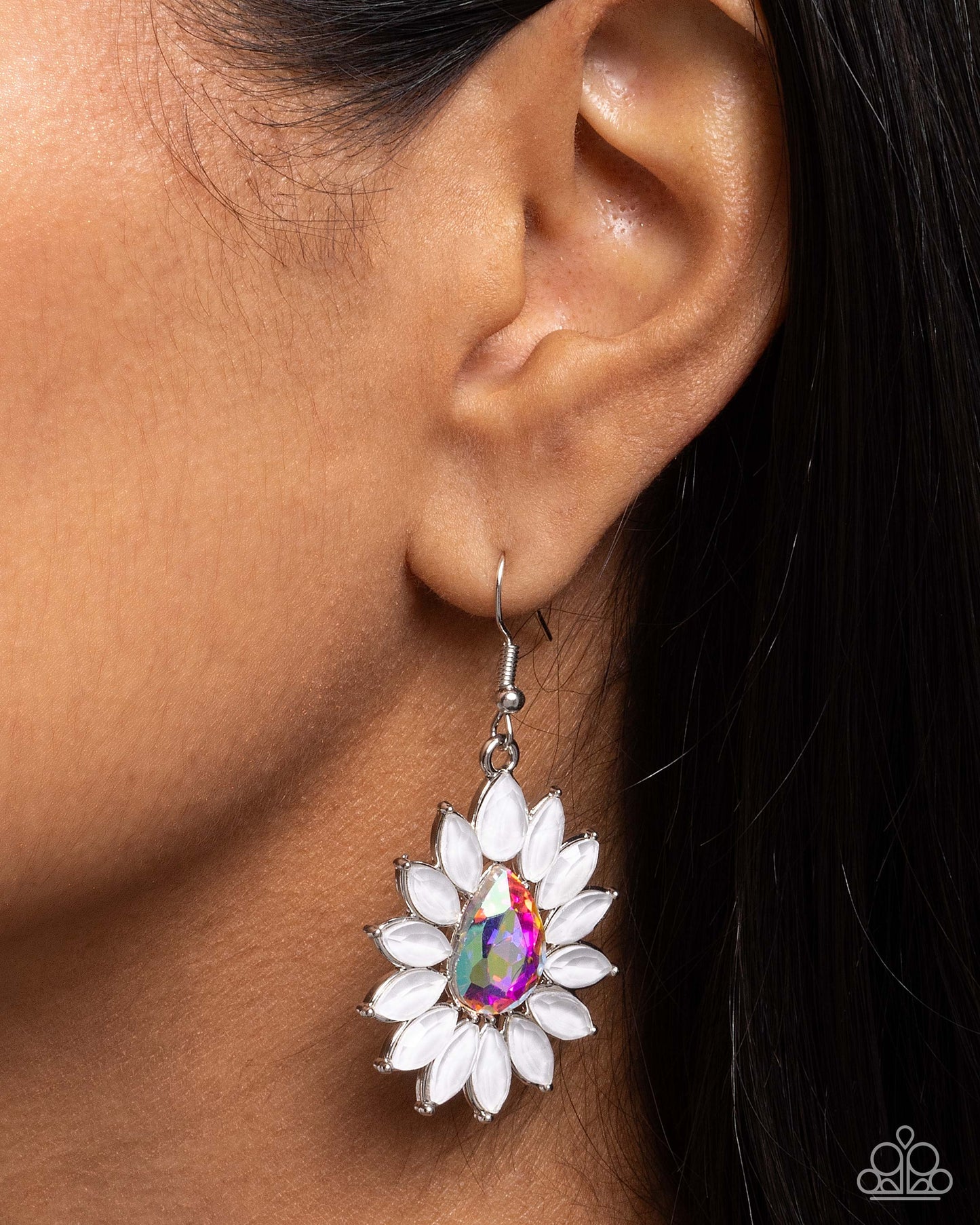 Giddy Generosity - White Iridescent Rhinestone Silver Fishhook Earrings - Paparazzi Accessories
