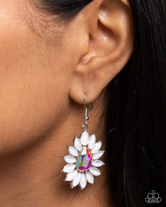 Giddy Generosity - White Iridescent Rhinestone Silver Fishhook Earrings - Paparazzi Accessories