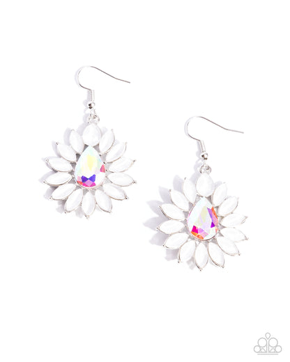 Giddy Generosity - White Iridescent Rhinestone Silver Fishhook Earrings - Paparazzi Accessories