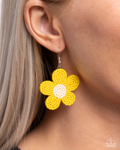 Seed Bead Vibrancy - Yellow Seed Bead Flower Silver Fishhook Earrings - Paparazzi Accessories