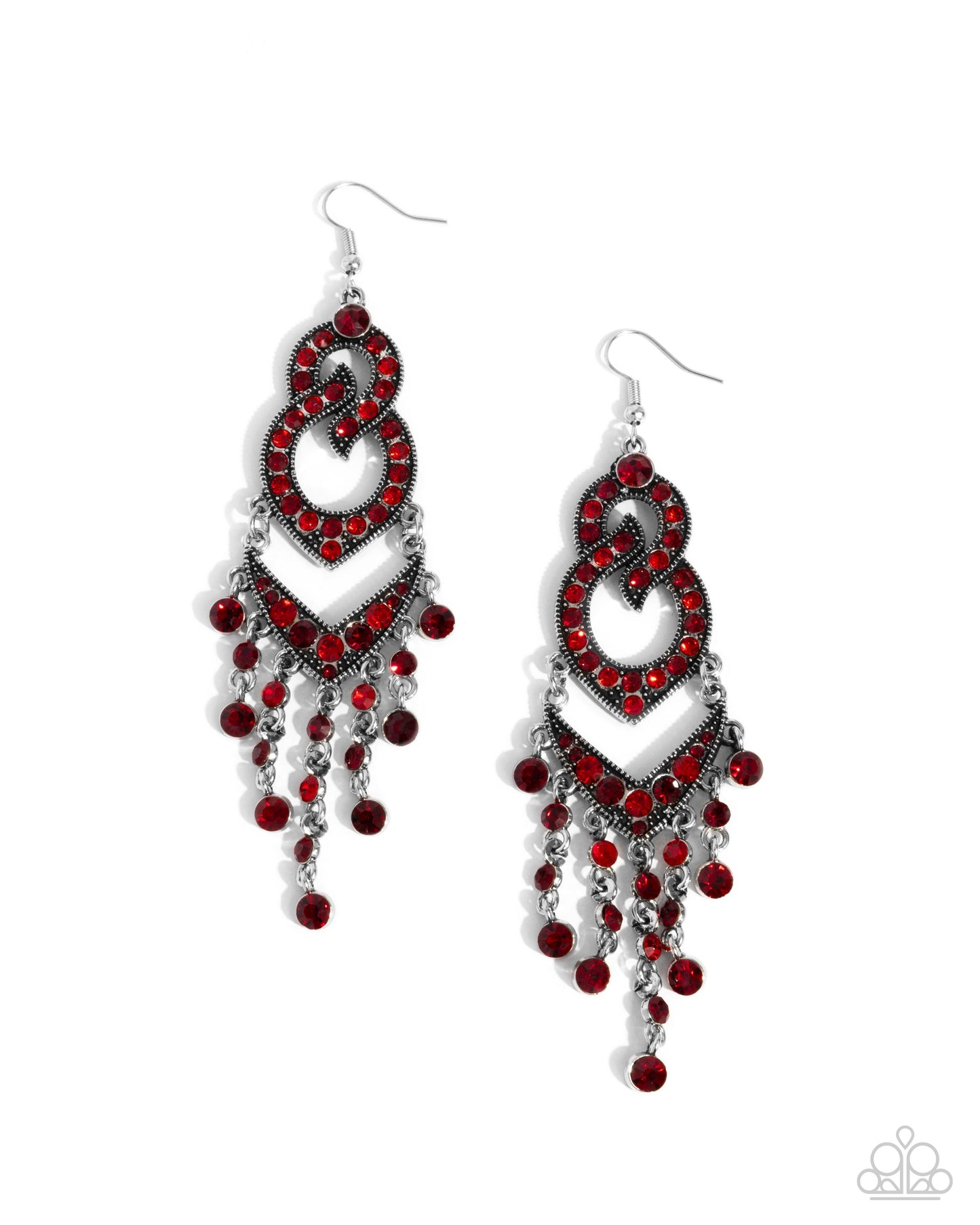 Pristine Precipitation - Red Rhinestone Silver Fishhook Earrings - Paparazzi Accessories