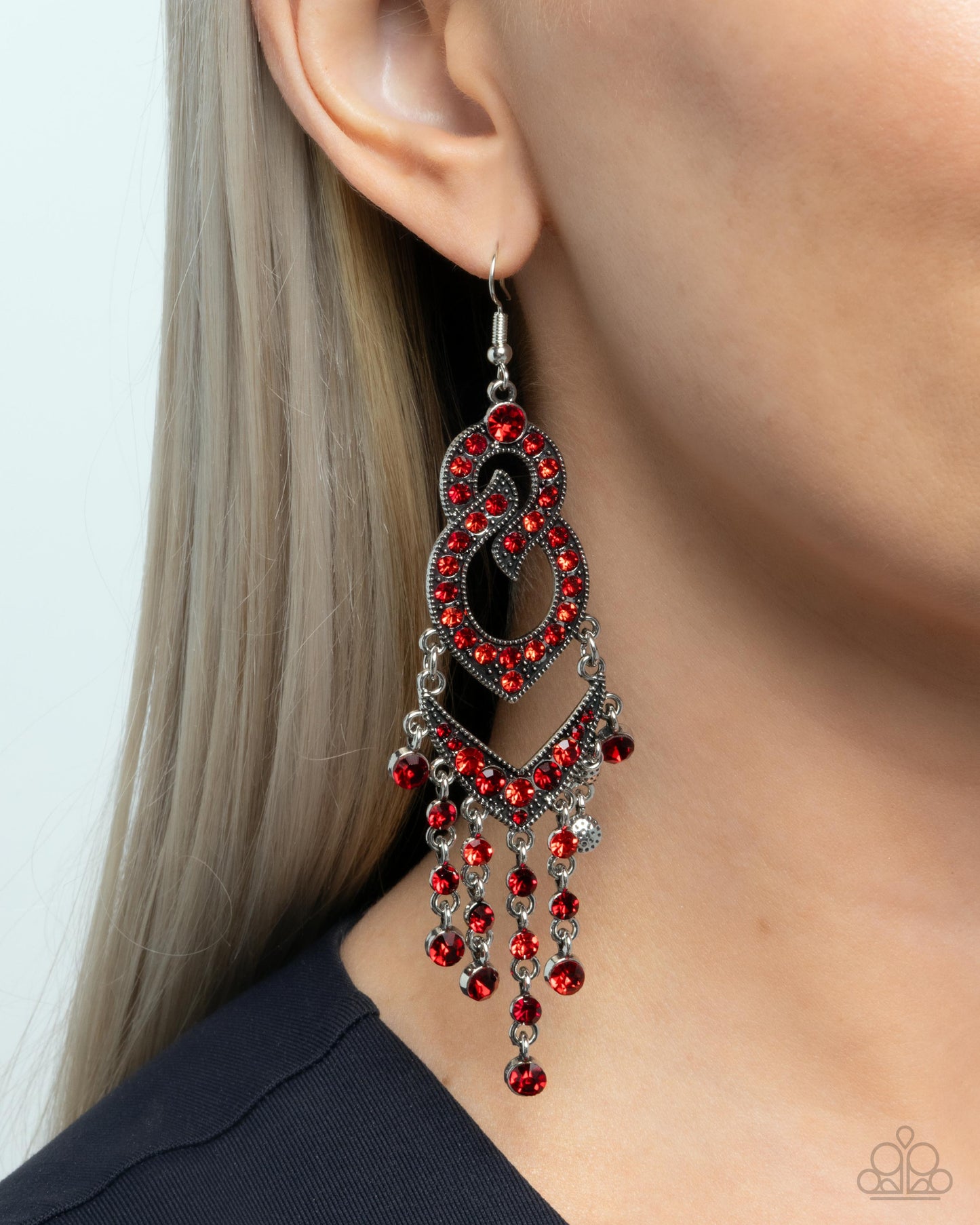 Pristine Precipitation - Red Rhinestone Silver Fishhook Earrings - Paparazzi Accessories