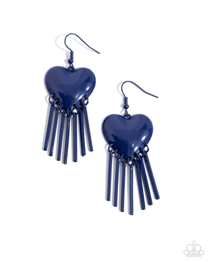 Flirty Fringe - Blue Painted Metal Heart Fishhook Earrings - Paparazzi Accessories