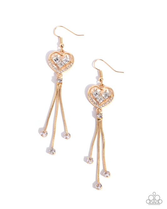 Cascading Character - Gold Heart White Rhinestone Fishhook Earrings - Paparazzi Accessories